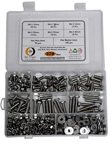 Image of Metric M6 Stainless Alloy Steel 202 Grade Full Threaded Hex Bolts Nuts And Washer Assortment Kit Set With storage Box Pack Of 370 Pcs