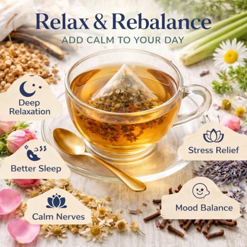 Image of Sancha Tea Boutique Valerian Root Herbal infusion Blend |Imported Valerian for Stress Relief & Better Sleep | With Vanilla,Chamomile, Rose, Lemongrass, Lavender & Cloves| 25 Pyramid Tea Bags |Caffeine Free