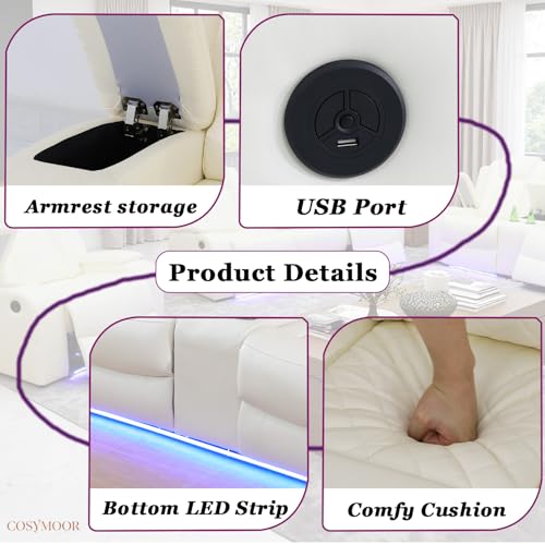 Image of Leather Power Recliner Sectional Sofa Set with LED Light,L Shaped Leather Sectional Couch Set with 5 Recliner Seats,Modular Couches with USB Ports for Living Room Furniture,Creamy White