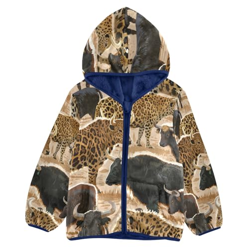 Animal Print with Leopard Cows Toddler Fleece Jacket Girl Boys Hooded Fleece Jacket Coat Warm Outwear Zip-up 3-10T