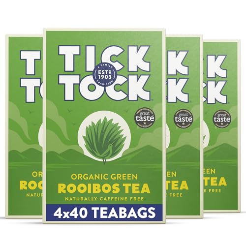 Tick Tock Organic Green Tea Bags Rooibos Naturally Decaf Green Tea Bags Caffeine-Free Pack of 4x 40 (160 Teabags) Biodegradable Redbush