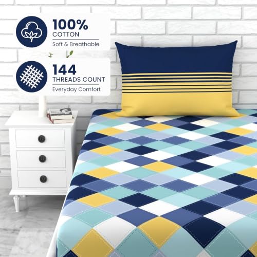 Image of LORETO - A QUALITY LINEN BRAND 144 TC 100% Pure Cotton Single Fitted Bedsheet with 1 Pillow Cover for 72 x 36 Inch Mattress, All-Around Elastic, 8 Inch Deep Pocket, Vivid Blue and Yellow Checkered