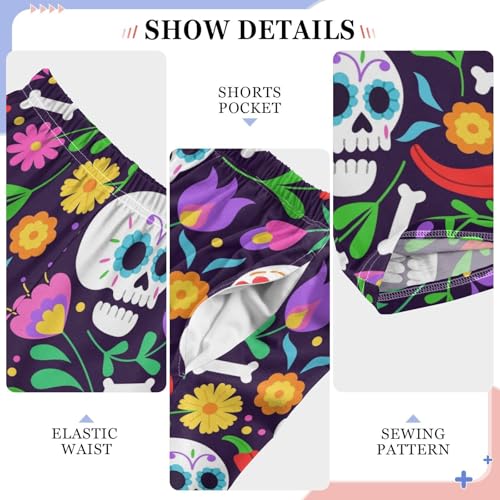Skull with Colorful Florals Boys Long Pants Soft Trousers Elastic Waist Kids Lounge Bottoms with Pockets S-XL4