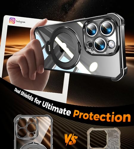 Image of Soft Case for iPhone 14 Pro with 360 Rotating Magnetic Stand, Compatible with Mag-Safe, 4X MIL-Drop Protection, Lightweight Glossy Anti-Yellowing Clear Back Phone Cover for iPhone 14 Pro 6.1 inch, Black