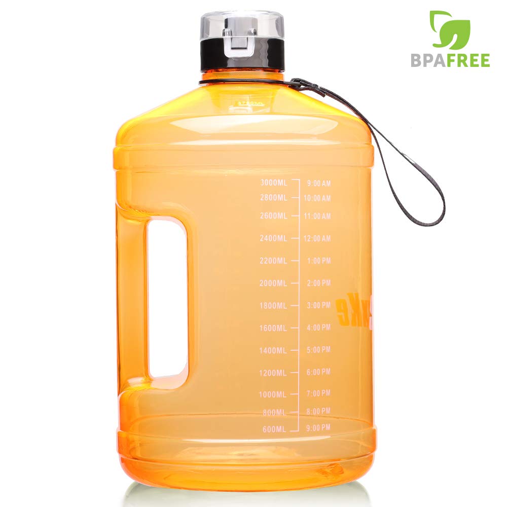 SLUXKE 3.8 Litre Motivational Water Bottle with Time Marker, 3.8L Drinking Bottles with Handle BPA Free, Leak Proof Gym Bottles for Bodybuilding, Outdoor Sports, Hiking Office ORANGE GREEN
