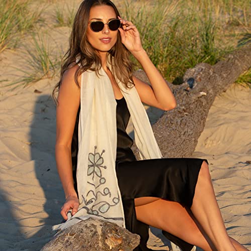 Boucle Flower Wool Scarf: Lightweight Cream Infinity Scarf, 77' x 30'2