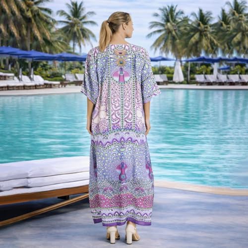 Image of Miss Lavish London Purple Ethnic Print Kaftan Dresses for Women V Neck Batwing Sleeve Beach Vacation Bikini Swimsuit Cover,Plus Size African&Dubai Caftan Maxi Beach Dress with Side Slits-Purple-2XL