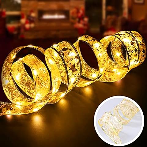 FAMINESS Ribbon Fairy LED Christmas Lights 2021 Shining Glow Ribbon Light for Christmas Tree Decor DIY Battery Operated String Lamp Warm White Cover