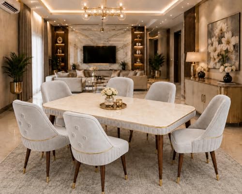 Image of WOODEN SPACE 6-Seater Wooden Dining Table Set | Nano Composite Marble Top | Solid Wood Base | Modern Dining Room Furniture with 6 Chairs (Grand Aura Light Grey)