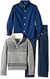 Nautica Boys' Three Piece Set with Woven Shirt, Striped Shawl Sweater,and Denim Jean