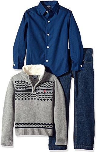 Nautica Boys' Three Piece Set with Woven Shirt, Striped Shawl Sweater,and Denim Pant