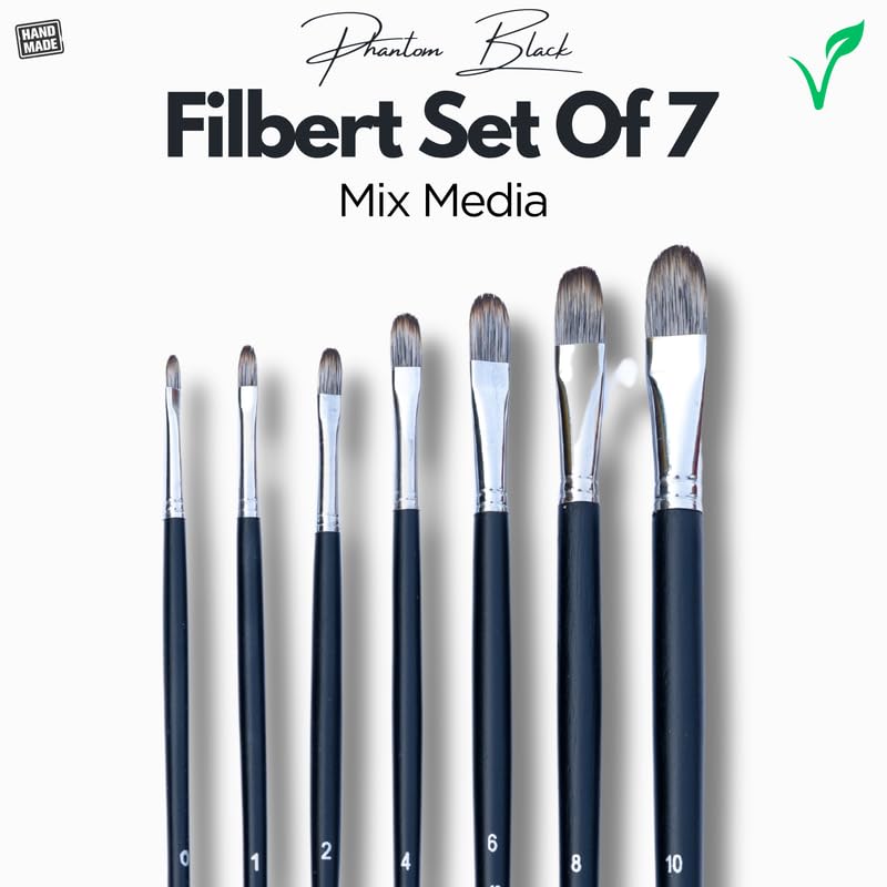 Image of Stationerie Filbert Paint Brushes Set /Handmade Professional Artist Long Handle Painting Brush Set for Acrylic, Watercolor, & Gouache Painting (7 Filbert Brushes)(Matt Black)