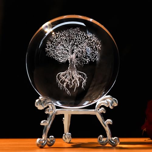 IFOLAINA Bola de cristal 3D árvore da vida com suporte bola de vidro gravada a laser árvore da vida decoração globos decorativos 3D cristal planta esfera presentes para aniversário dela