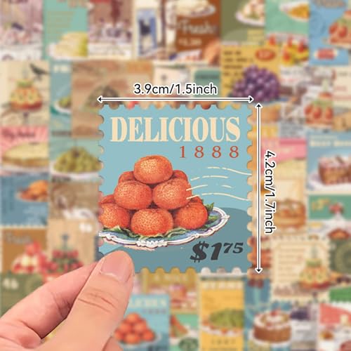 Image of Vintage Aesthetic Food Postage Stamp Stickers for Adults - Classic Fruit Cake Grape Roast Chicken Waterproof Vinyl Stickers | Journal Planner Laptop Scrapbooking Food Stickers