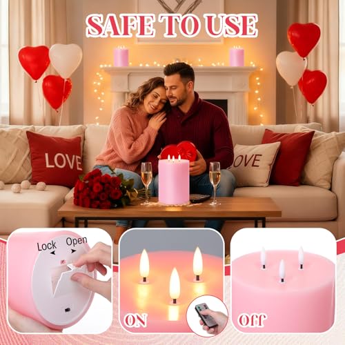 Image of Retisee 1 Pack Pink Extra Large Flameless Candles 6'' x 8'', Classic | LED Battery Operated, 3 Wicks Flickering Pillar Candle, Valentine's Day Wedding Party Decoration