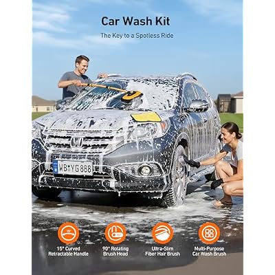 AstroAI 15Curved Car Wash Brush with 43 Long Handle and 90 Rotating Replaceable Brush Head, Car Wash Kit with Microfiber Towel and Tire Brush for Car, SUV, RV, Floor Cleaning, Yellow