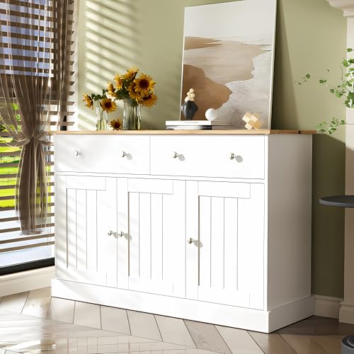 Aparador con tres puertas y dos cajones, moderno armario de almacenamiento con superficie en relieve, asas plateadas y bisagras de cierre suave, muebles de almacenamiento para salón, comedor o pasillo