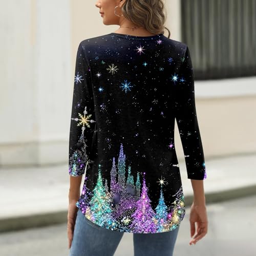 Image of Women Christmas Shirt 3 /4 Length Sleeve Henley Tops Xmas Outfits