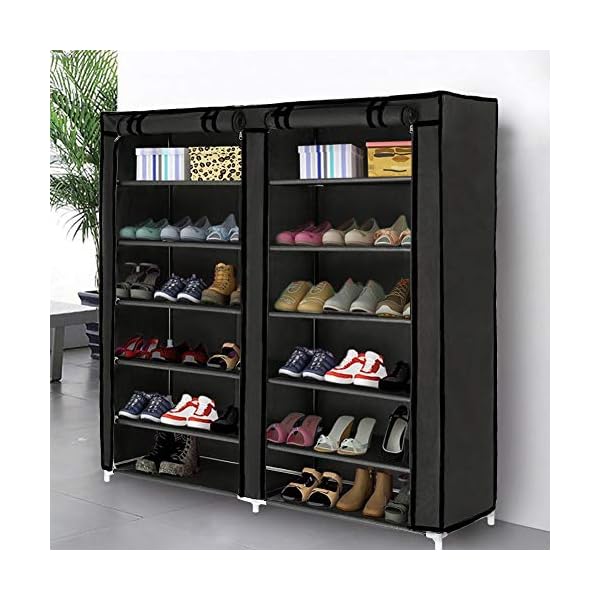 Blissun 7 Tier Shoe Rack Storage Organizer, 36 Pairs Portable Double Row Shoe Rack Shelf Cabinet Tower for Closet with Nonwoven Fabric Cover, Black