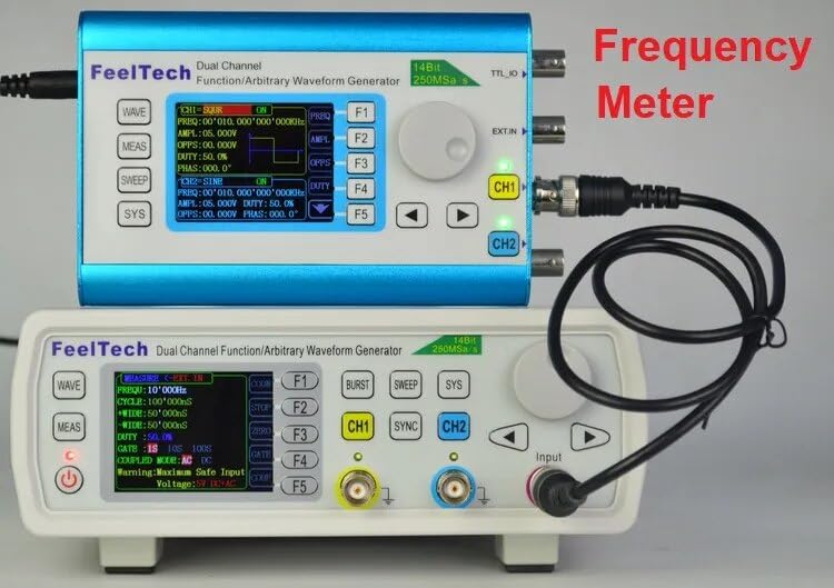 GuliTech FY6600 signal generator connected to an external frequency meter.