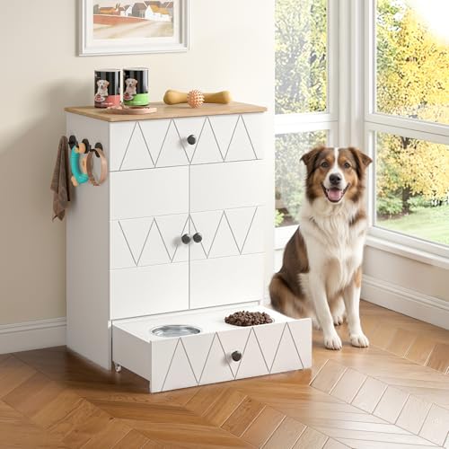 Haustier-Futterschrank mit Lagerschrank, Futterschrank Hund mit 2 Edelstahlnäpfen & 3 Haken, Hundefutterstation mit Schubladen & Verstellbarer Ablage, Hundebar für Hunde, 61x35,5x82,5cm (Weiß)