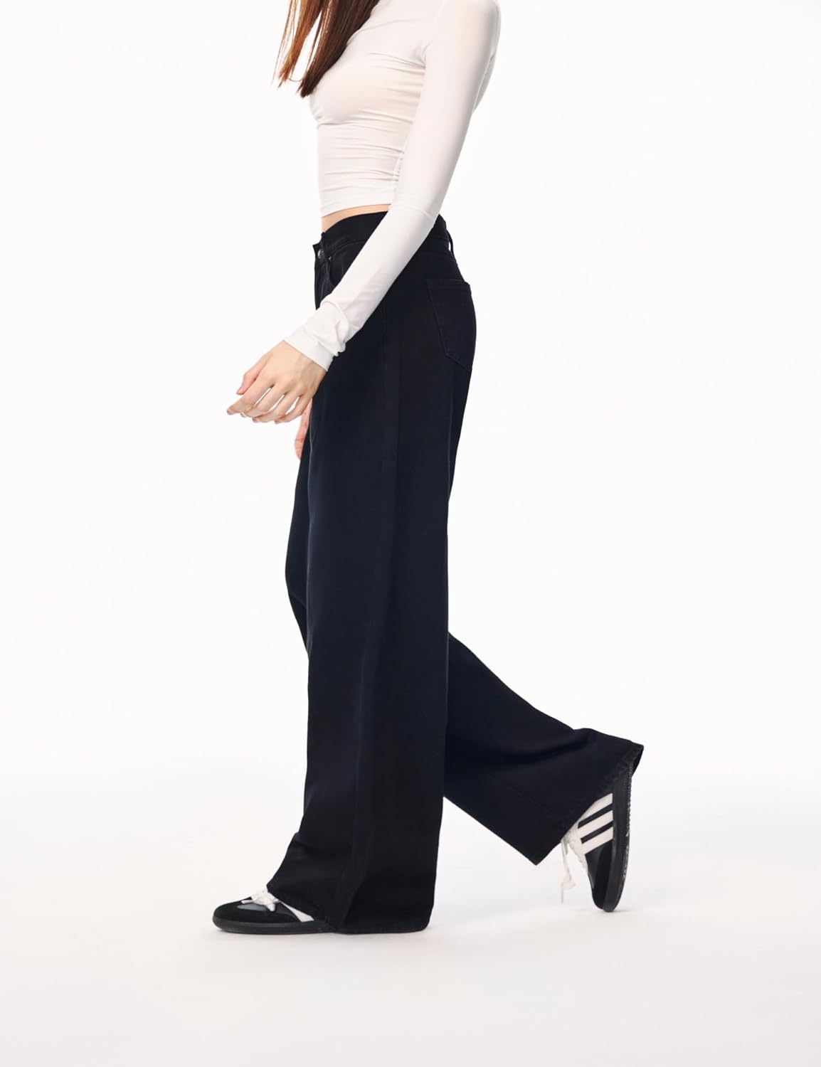 Women’s Adjustable Wasit Baggy Jeans with Snap-Button Waistband Wide Straight Leg High Rise Jeans Denim Pants Y2K Trousers