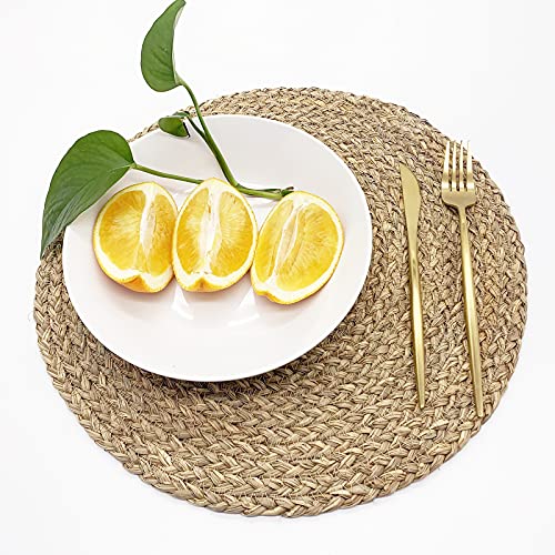 Image of Woven Placemats for Dining Table Set of 2, 100% Natural Straw, Rustic Round Placemats Farmhouse Table Mats Rattan Wicker Placemats Hand Braided Place Mats for Indoor Outdoor, 14.17 inch
