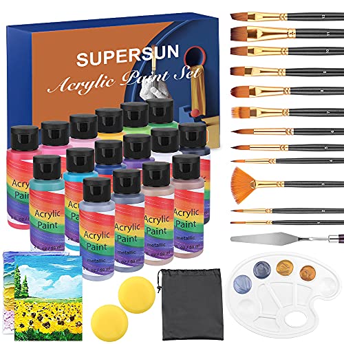 SUPERSUN 60ml Acrylic Paint Set with Brushes & Canvases for Painting, 16 Colors Acrylic Pigment for Easter Egg Wood Glass Rock Leather Painting, Kids Adults and Beginners