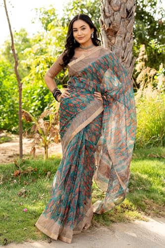 Image of MIRCHI FASHION Kota Doria Cotton Saree with Blouse Piece | Leaf Floral Printed Saree for Women | Traditional Ethnic Daily Wear Summer Saree