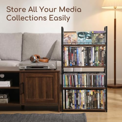 Image of 2-Tier DVD Storage Rack 2 Pack, Holds 112 DVDs (160 CDs), Metal Frame Media Holder with Handles, for Blu Ray, CDs, Video Games, VHS Tapes