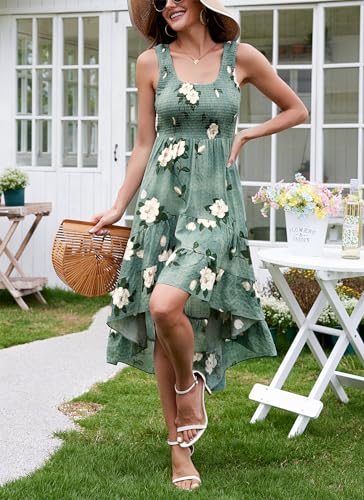 Image of Kormei Women's Casual Smocked Tank Dress Sleeveless High Low Flowy Summer Beach Tiered Loose Maxi Long Dresses L Green Floral