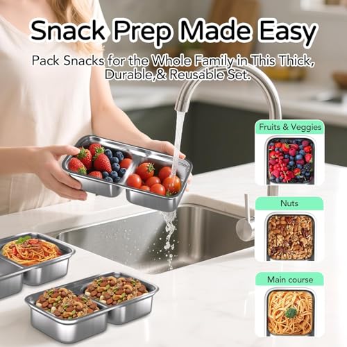Image of Sinbyuer Stainless Steel Snack Containers, 2 Compartment Bento Box with Lids - Reusable, Leakproof, for Snacks Dips Travel and Outdoor Camping (1)