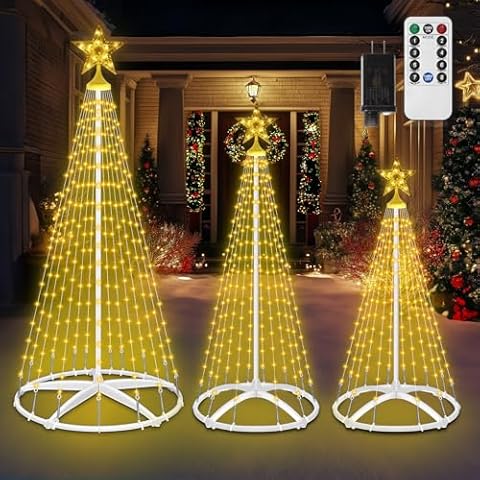 Set of 3 Prelit Christmas Cone Tree Light, 546 Led Christmas Tree Lights with 8 Modes, Timer Remote Lighted Artificial Tree Waterproof for Indoor Outdoor Yard Porch Xmas Decorations, Warm White Cover