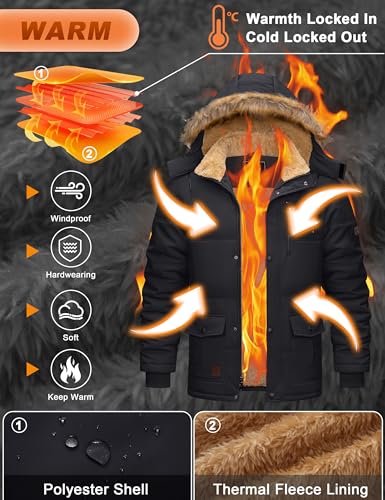 Cotrasen Men’s Winter Jacket Thicken Warm Fleece Lined Hoodie Water Repellent Windproof Parka Winter Coat with Pockets3