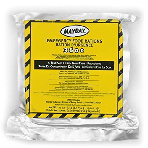 Condition photo showing New/Like New for mayday emergency food bars, 3600 calorie meal replacement bars, 5 year shelf life, nutrient dense food rations for disaster preparedness earthquake, fire, flood, leak-proof pouches highly storable and portable food storage, apple cinnamon, 20 pack