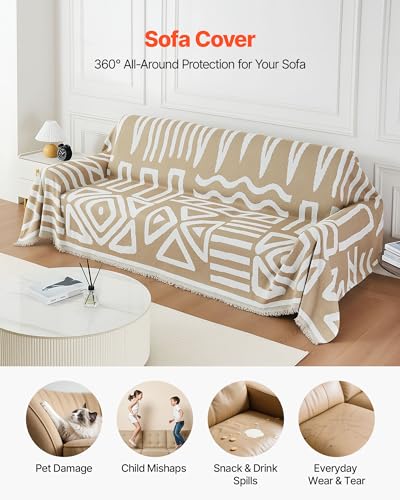 VEVOR Couchbezug (299 x 81 cm) Boho-Sofabezüge, Rutschfester Chenille-Kissenschutz für Ecksofas, waschbarer & kratzfester Loveseat-Schonbezug für Katzen-/Hundesofa-Schutz, Sofaüberzug Khaki