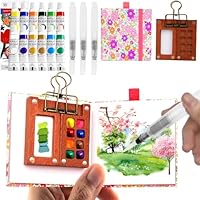 Mini Aquarell Travel Set, Pocket Aquarell Set, Aquarellfarben Farbkasten 12 Farbe & Mini Holz Malpalette & Skizzenbuch & 3 Stück Wasserpinsel Stifte für Maler Künstler Studenten Hobbymaler (Rosa)
