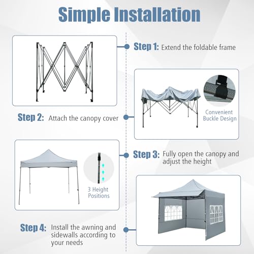 Image of Tangkula 10x10 FT Pop Up Canopy, Outdoor Tent with 3 Sidewalls & Awning, Wheeled Bag, 4 Sandbags, 8 Stake, 4 Ropes, Portable Canopy Tent for Party Picnic Event Beach Camping (Gray)