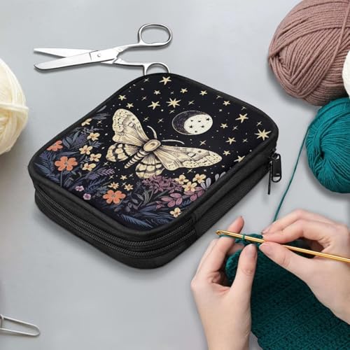Image of Butterfly Crochet Hook Case Portable Floral Knitting Needle Case with Web Pockets Crochet Storage Organizer for Travel Women Gifts