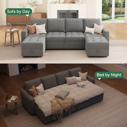 Image of HONBAY Modular Sectional Sleeper Sofa with Pull Out Bed,U Shaped Couch with Storage Seat,Sectional Couches for Living Room,Warm Grey