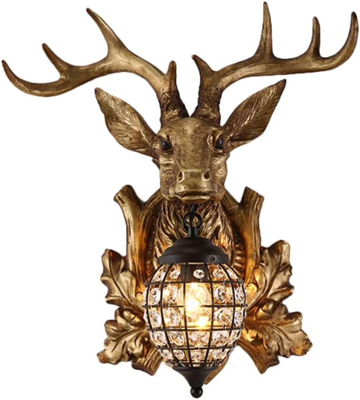 NIUYAO Rustic Resin Deer Style Wall Light with Metal Lantern Crystal Teardrop Lampshade Retro Wall Mount Lamp Sconce Light Indoor Decoration -12"