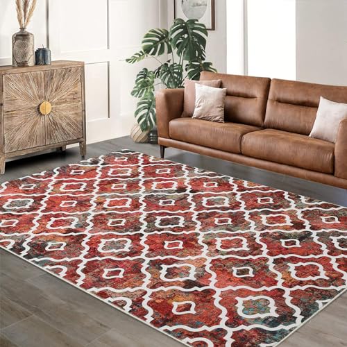 GlowSol Xmas Area Rug 9x12 Washable Rugs for Living Room Rug Non-Slip Soft Christmas Rug Geometric Farmhouse Low Pile Design Printed Carpet for Dining Room Bedroom Office Home Decor Colorful Red
