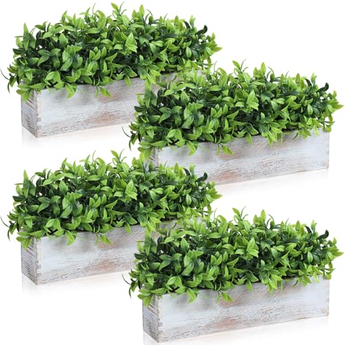 Lyrow 4 Pack Artificial Eucalyptus Plant in Rectangular Rustic Wooden
