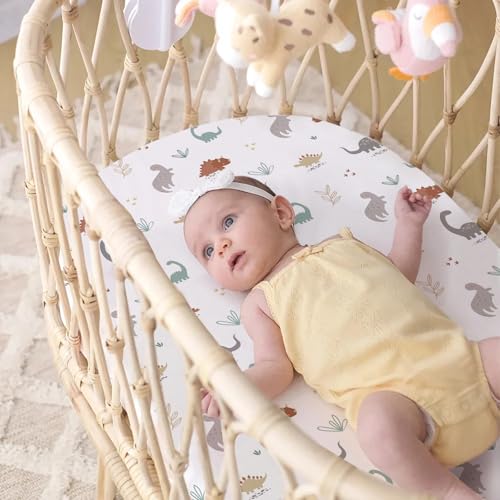 Image of Stretch Fitted Bassinet Sheet Set BROLEX 2 Pack Cradle Sheets for Bassinet Pad /Mattress,Unisex Boys Girls,Ultra Soft,Cute Dinosaurs