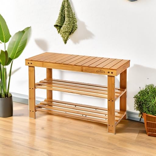 bamboo 3 tier shoe rack bench, premium shoe organizer or entryway bench, perfect for shoe cubby, entry bench, bathroom bench, entryway organizer, hallway or living room