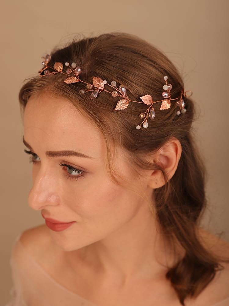 Lenjicons Vintage Rhinestone Leaf Wedding Hair Vine Rose Gold Bridal Headpiece Rhinestone Beads Bridal Hairband Handmade Leaf Crystal Headband for