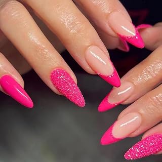 Hot Pink Press on Nails Medium Almond Shaped Fake Nails with Glitter Design Full Cover False Acrylic Glue Stick on Nail for Women Girls 24Pcs