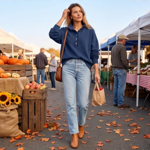 Mock Neck Sweatshirt Women Henley Quarter Button Sweatshirt Sweatshirts - image 5