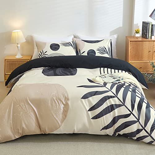 Hilioens Boho Duvet Cover Queen Black Abstract Arch Sun Modern Mid Century Boho Bedding Sets for All Seasons, 3 Pieces Home Bedroom Decorations Soft Microfiber