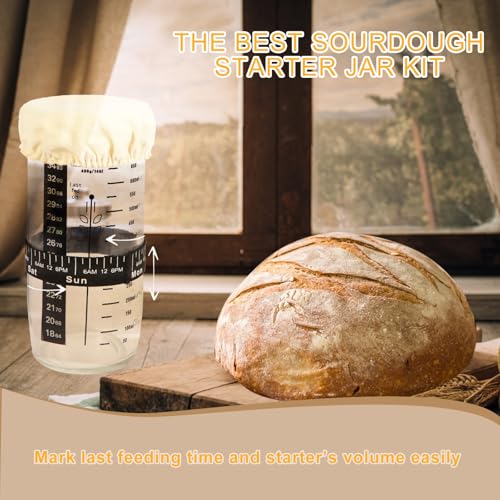 Sourdough Bread Starter Kit 24OZ, with Date Marked Feeding Band, Thermometer, Metal Lid, Cloth Cover, Silicone Scraper, Reusable Sour Dough Starter Jar Baking Supplies by DuyaJoinX - Image 3